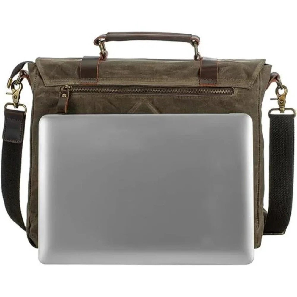 Men's Vintage Leather Messenger Bag 15.6 inch Laptop Briefcase, Waxed Canvas